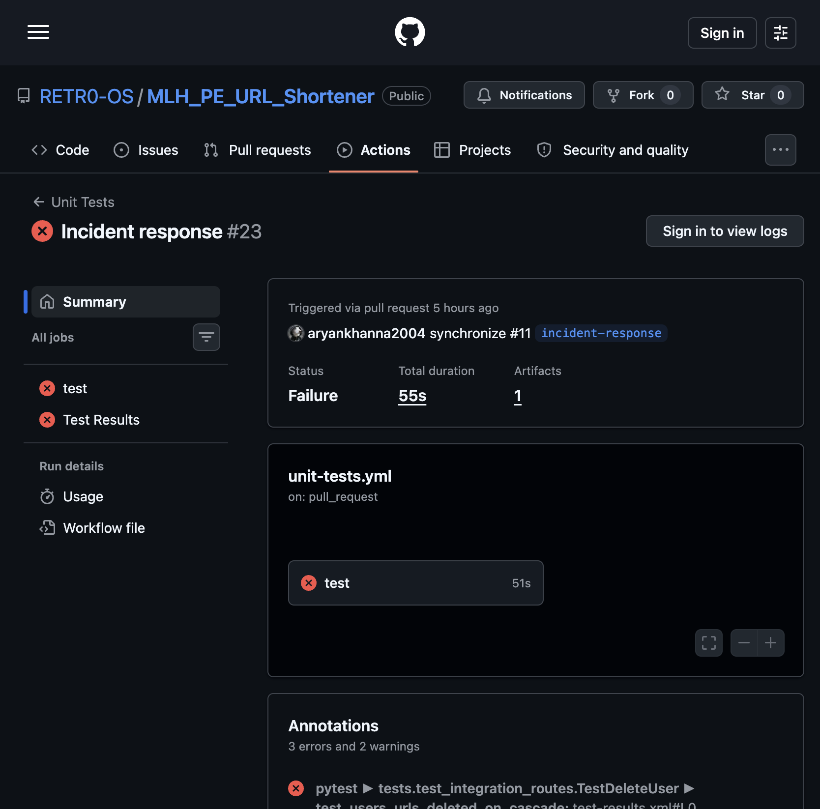 PR #11 — Unit Tests: Status Failure — test job failed in 51s on pull_request