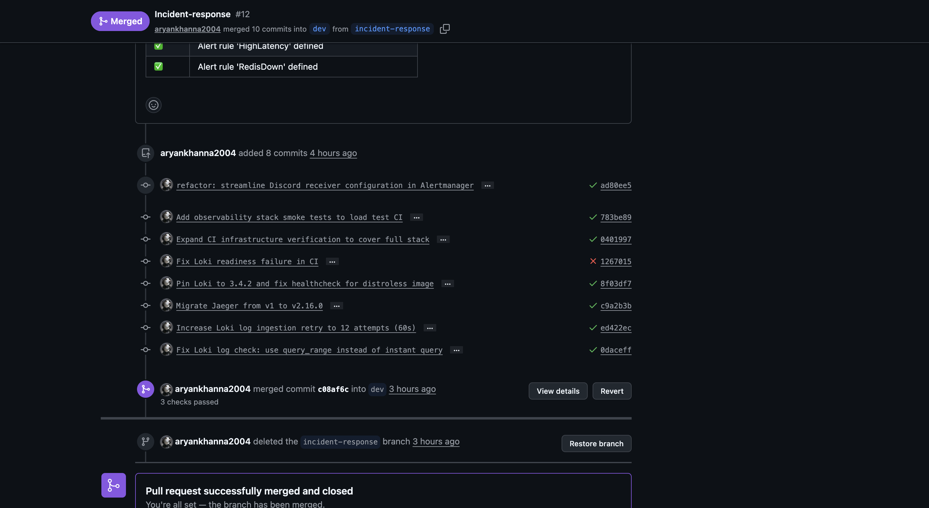 PR #12 — Successfully merged, 3 checks passed, branch deleted