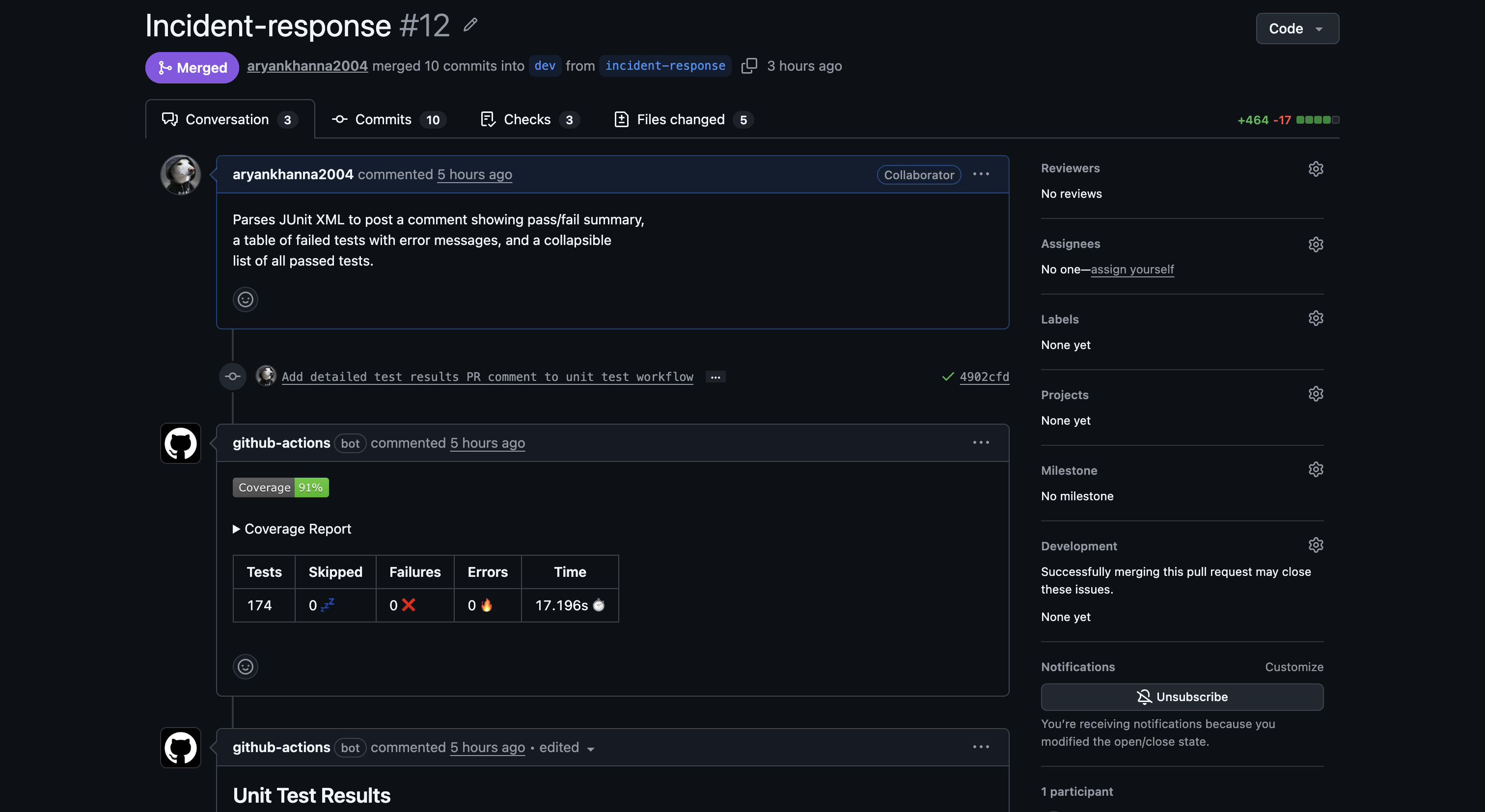 PR #12 — github-actions bot: coverage report 91% and test results overview